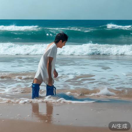 蓝鞋套小伙子与大海的和谐之美